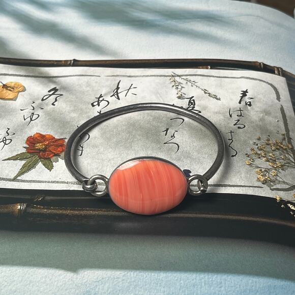 925 Mexico and natural pink peach orange stone hinged cuff bracelet